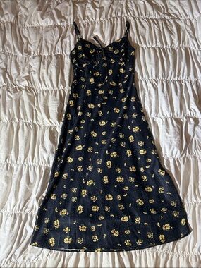 La Hearts Black Midi Dress with Yellow Floral Print